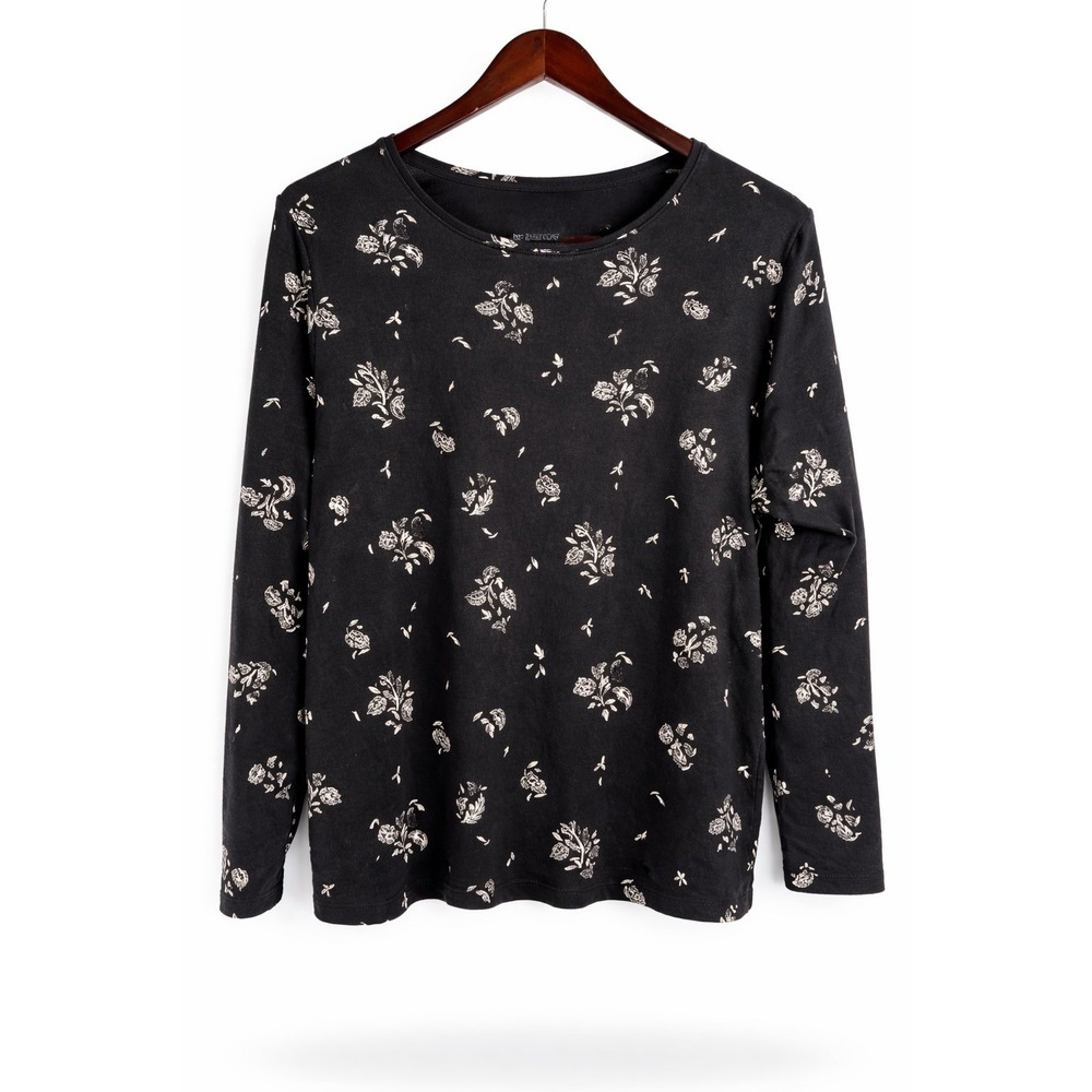 Croft & Barrow Classic Tee Top 100% Cotton Black Cream Floral Print‎ Size 2x